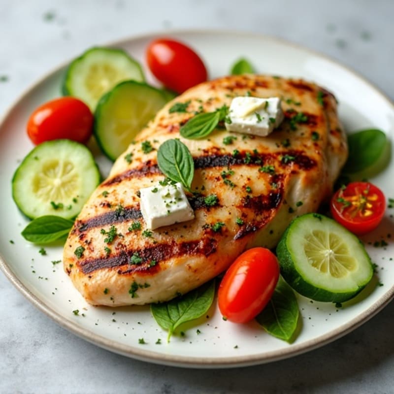 Grilled Lemon Herb Chicken with Fresh Cucumber Tomato Feta Salad