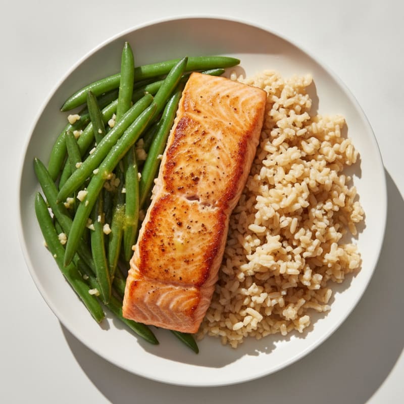 Seared Salmon with Garlic Green Beans and Brown Rice