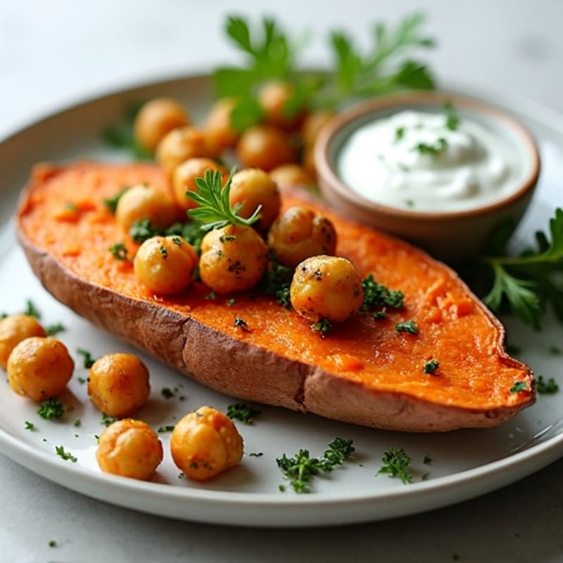 Crispy-Skinned Sweet Potato with Herb-Roasted Chickpeas