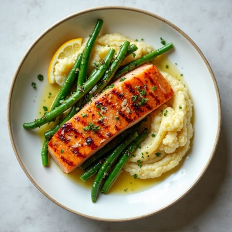 Seared Salmon with Garlic Green Beans and Cauliflower Mash