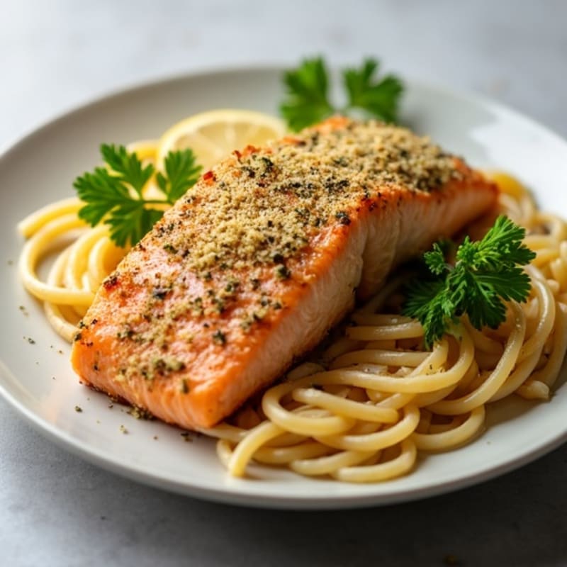 Herb-Crusted Baked Salmon with Lemon Garlic Pasta