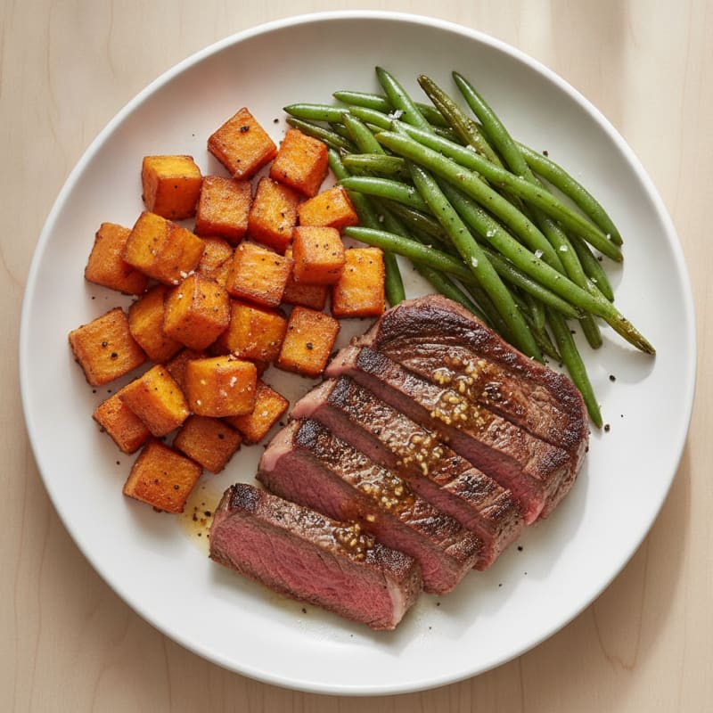 Pan-Seared Steak with Roasted Sweet Potatoes and Green Beans