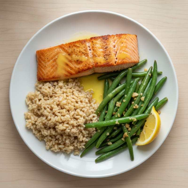 Seared Salmon with Garlic Green Beans and Brown Rice