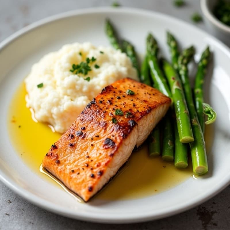 Seared Salmon with Steamed Asparagus and Cauliflower Mash