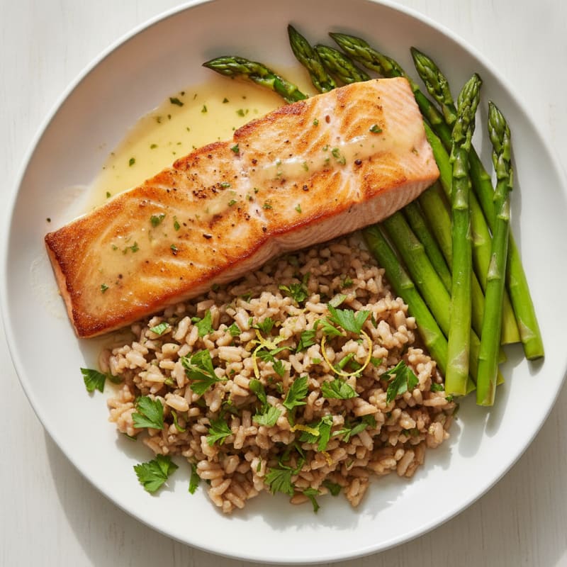 Seared Salmon with Steamed Asparagus and Lemon-Herb Brown Rice