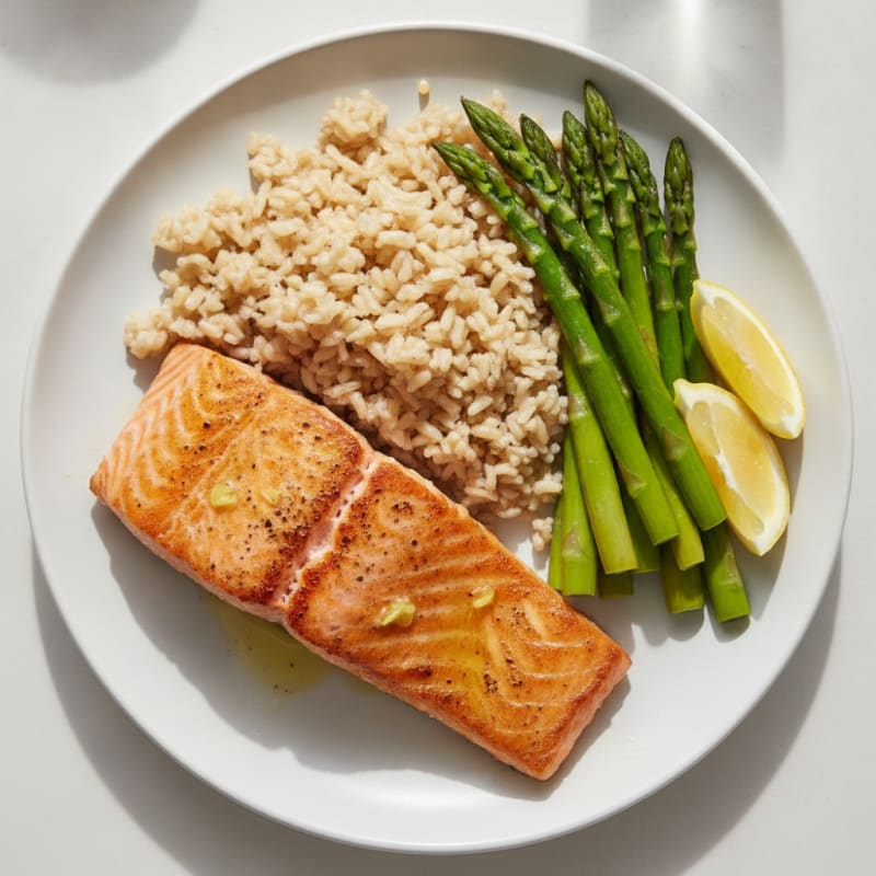 Seared Salmon Fillet with Steamed Asparagus and Brown Rice