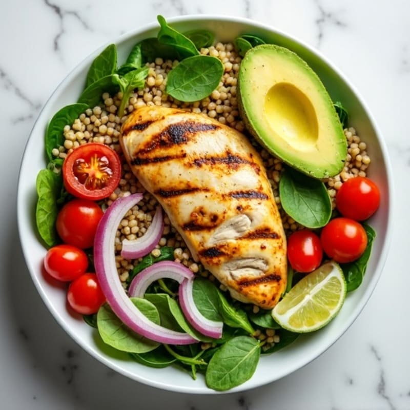 Grilled Chicken Breast and Quinoa Bowl with Creamy Avocado Dressing
