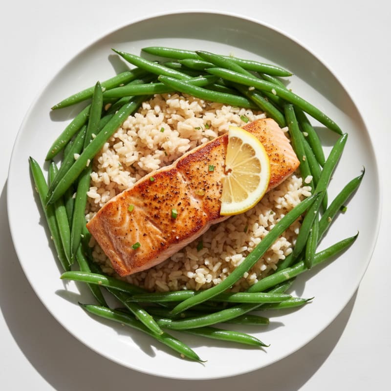 Seared Salmon Fillet with Garlic Green Beans and Brown Rice