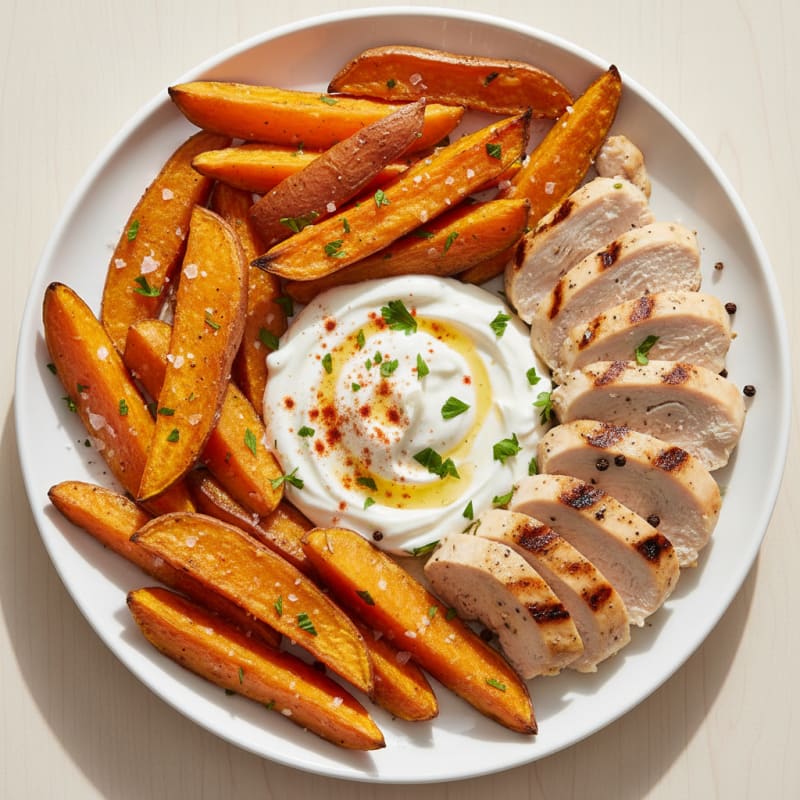 Roasted Sweet Potato Wedges with Protein Dip