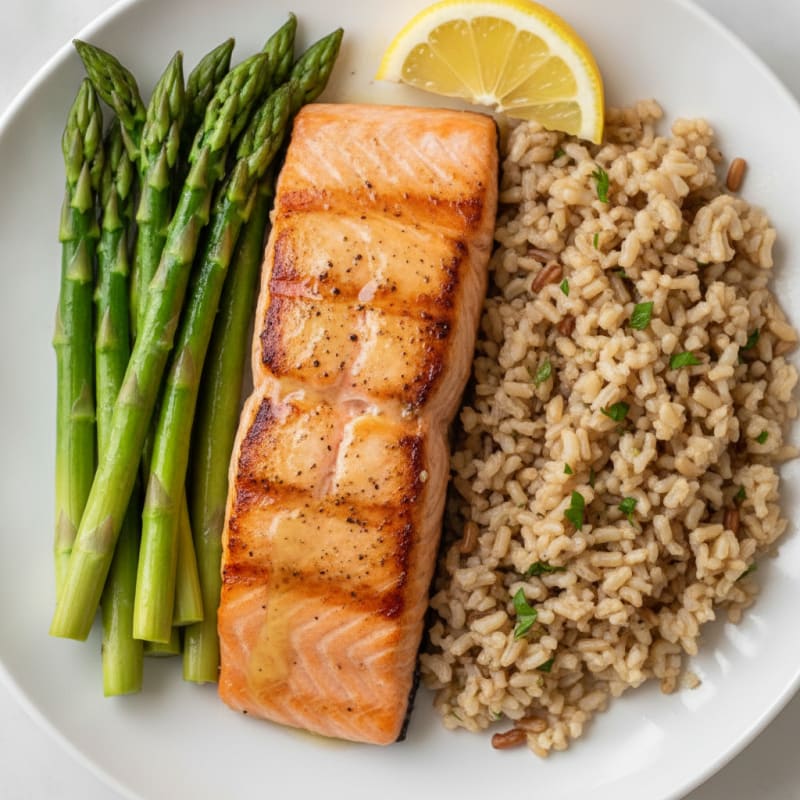 Seared Salmon with Steamed Asparagus and Brown Rice