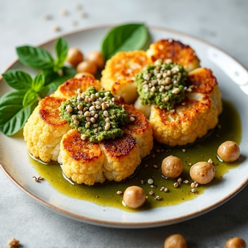 Crispy Roasted Cauliflower Steaks with Herb-Walnut Pesto