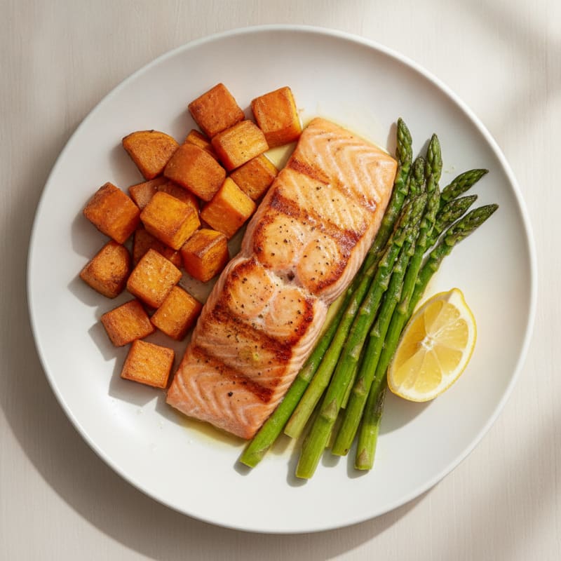 Seared Salmon Fillet with Roasted Sweet Potato and Asparagus