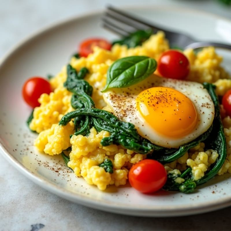 Fluffy Scrambled Eggs with Sautéed Spinach and Cherry Tomatoes