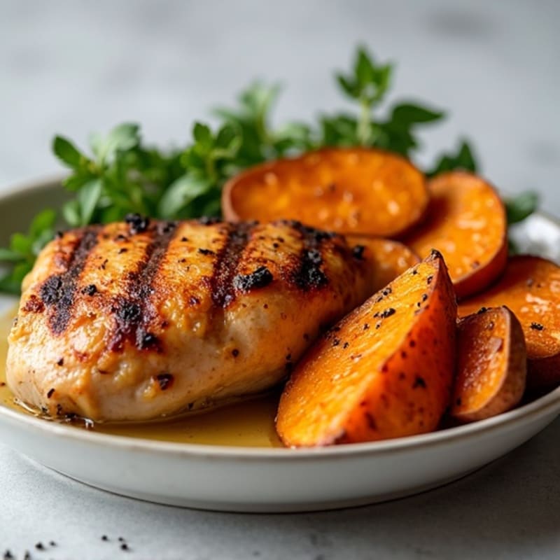 Grilled Chicken Thigh with Roasted Sweet Potato Wedges