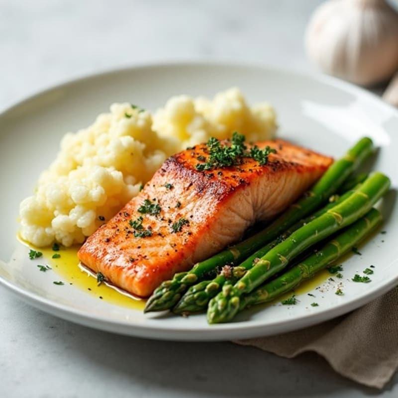 Seared Salmon with Steamed Asparagus and Garlic Mashed Cauliflower