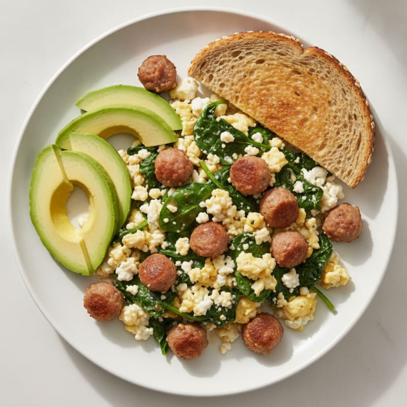 Cottage Cheese Scramble with Spinach and Turkey Sausage