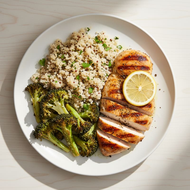 Grilled Chicken Breast with Quinoa and Roasted Broccoli