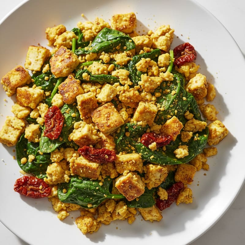 Silky Tofu Scramble with Spinach and Sundried Tomatoes