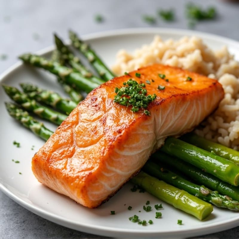 Seared Salmon Fillet with Steamed Asparagus and Brown Rice