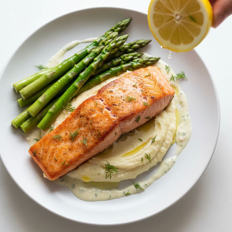 Seared Salmon with Creamy Cauliflower Mash and Steamed Asparagus
