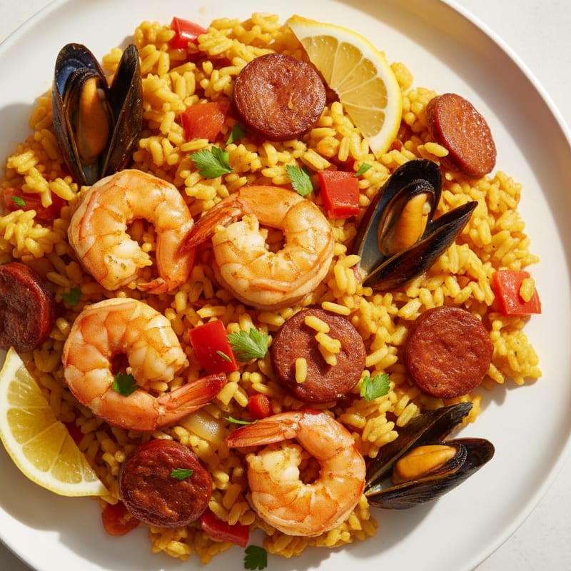 Saffron Seafood Paella with Chorizo