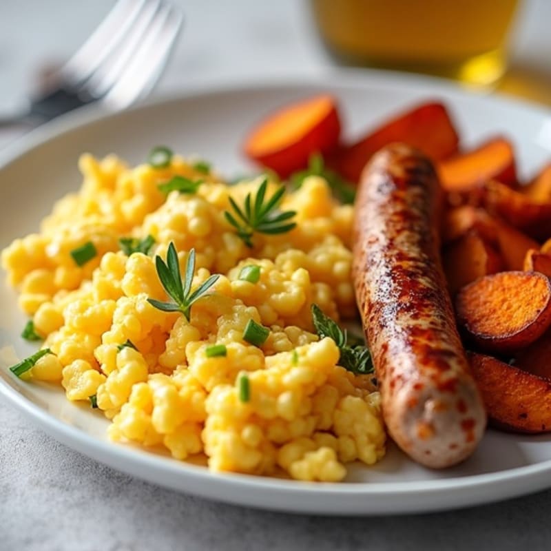Crispy Turkey Sausage and Egg White Scramble with Roasted Sweet Potatoes