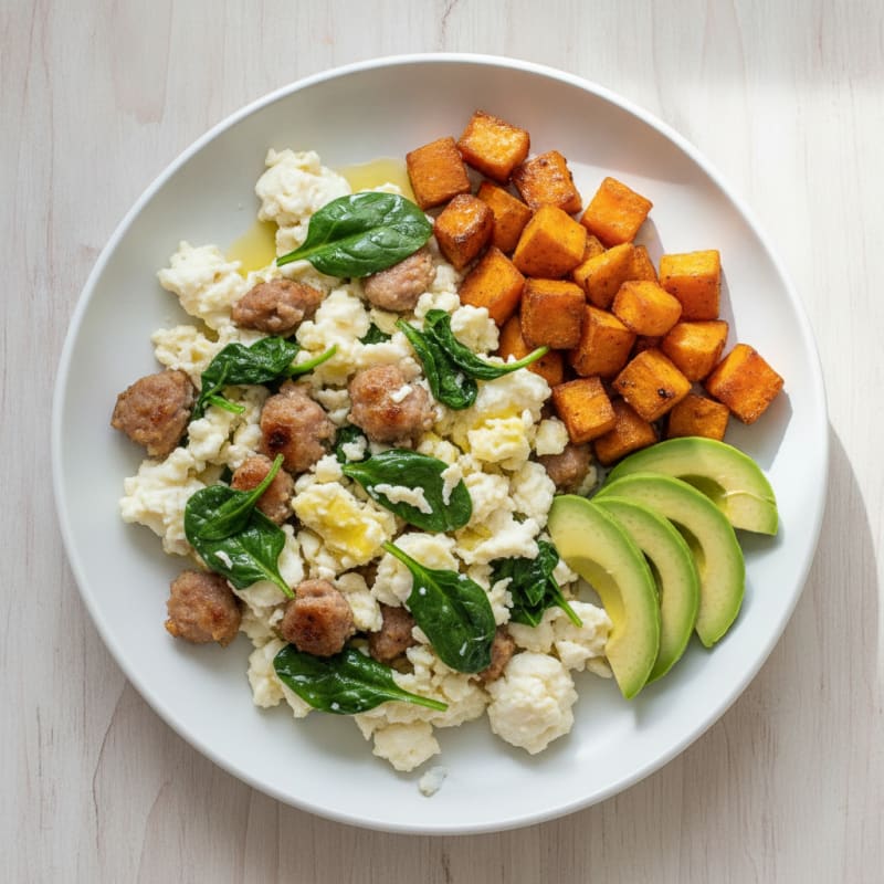 Egg White Scramble with Turkey Sausage and Spinach