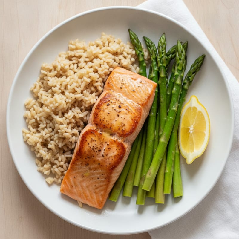 Seared Salmon with Steamed Asparagus and Brown Rice
