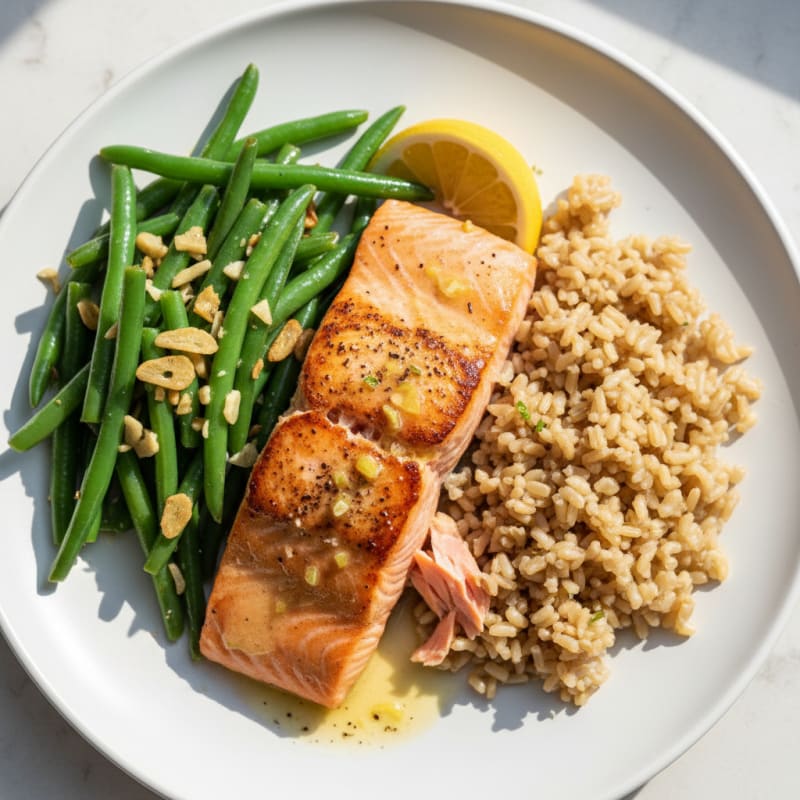 Seared Salmon Filet with Garlic Green Beans and Brown Rice