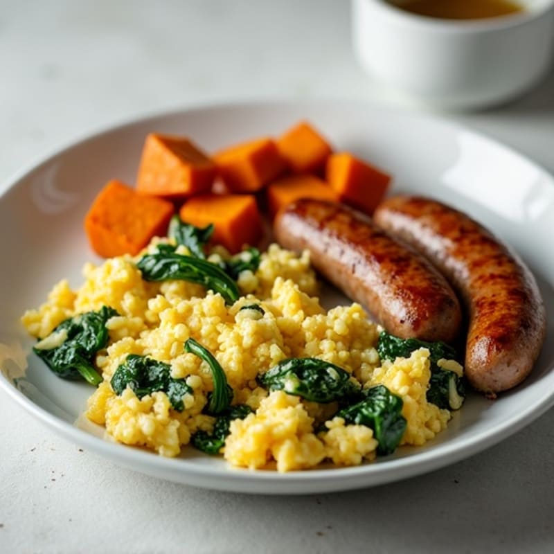 Egg White and Spinach Scramble with Turkey Sausage and Roasted Sweet Potato