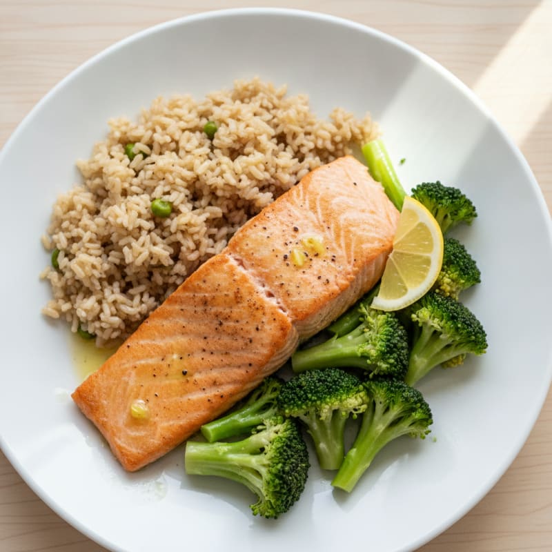 Seared Salmon with Steamed Broccoli and Brown Rice