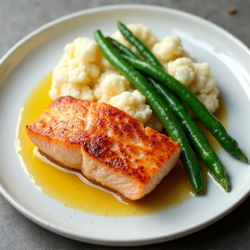 Seared Salmon with Steamed Green Beans and Garlic Mashed Cauliflower