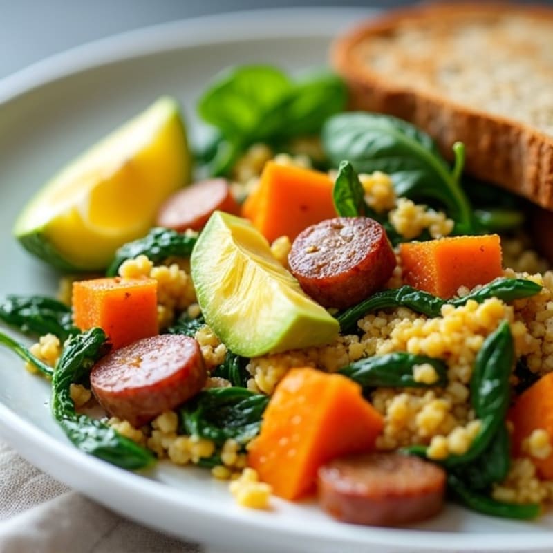 Egg White and Turkey Sausage Scramble with Spinach and Roasted Sweet Potatoes
