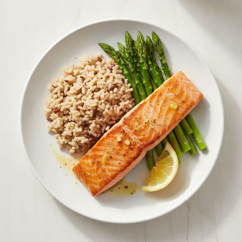 Seared Salmon Fillet with Steamed Asparagus and Brown Rice