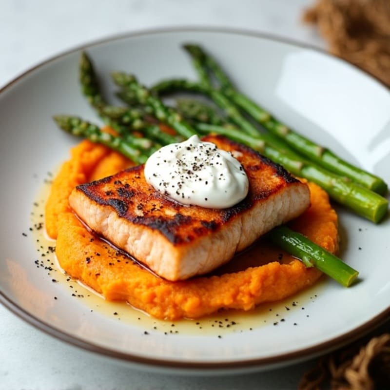 Seared Salmon with Roasted Asparagus and Sweet Potato Mash