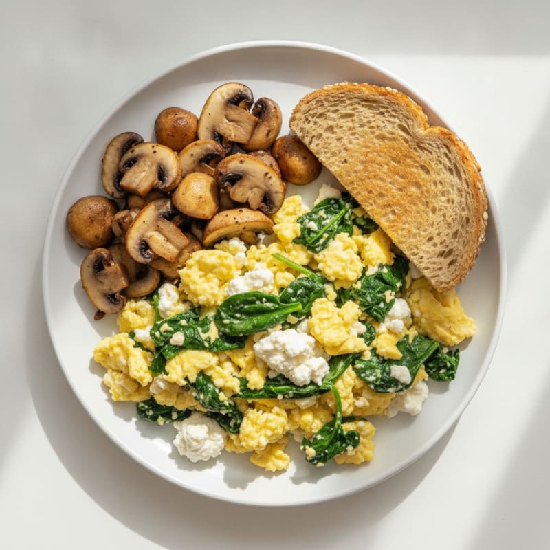 Cottage Cheese and Spinach Egg Scramble with Sautéed Mushrooms