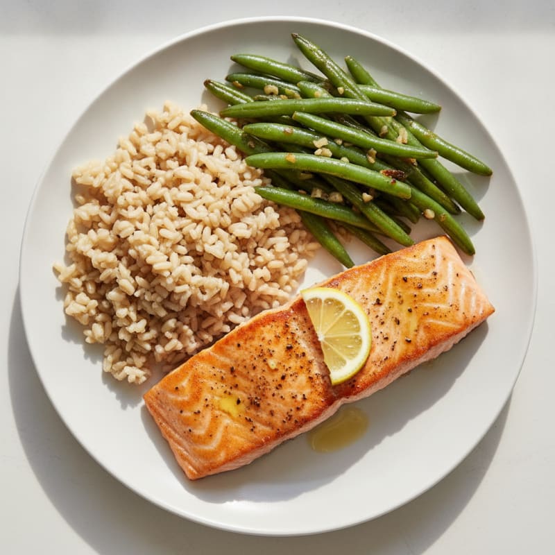 Seared Salmon with Garlic Green Beans and Brown Rice