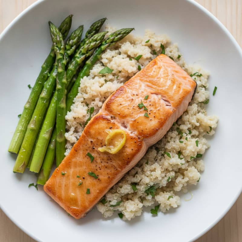 Seared Salmon Fillet with Creamy Quinoa and Roasted Asparagus