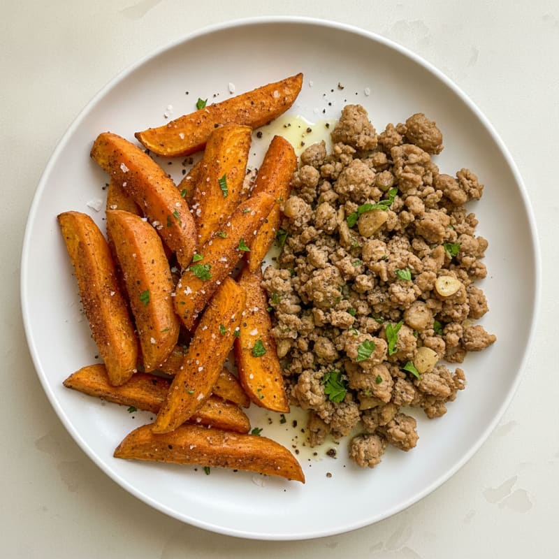 Baked Sweet Potato Fries with Garlic-Herb Ground Turkey