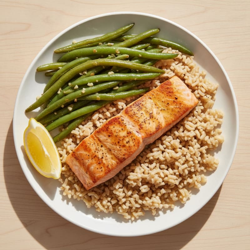 Seared Salmon with Garlic Green Beans and Brown Rice