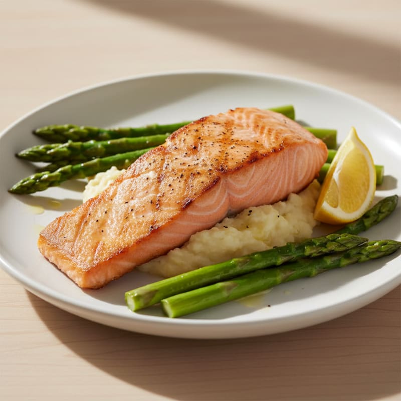 Seared Salmon Filet with Steamed Asparagus and Cauliflower Mash