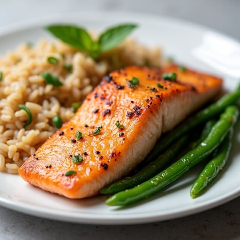Seared Salmon with Garlic Green Beans and Brown Rice