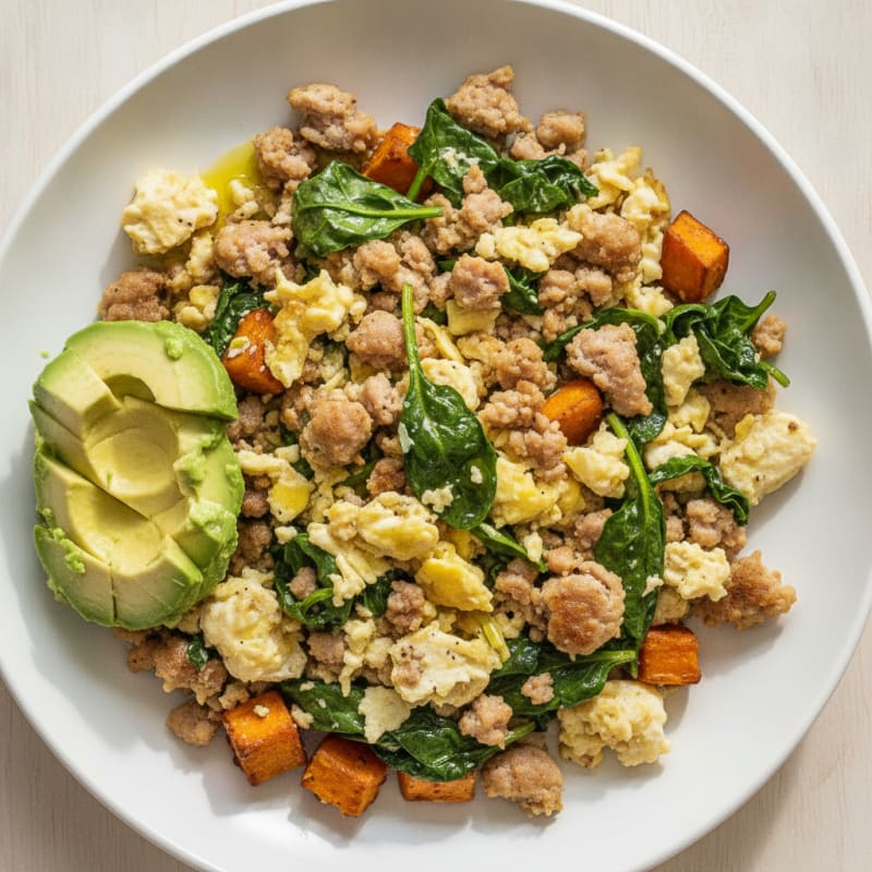 Egg White and Turkey Sausage Scramble with Sautéed Spinach