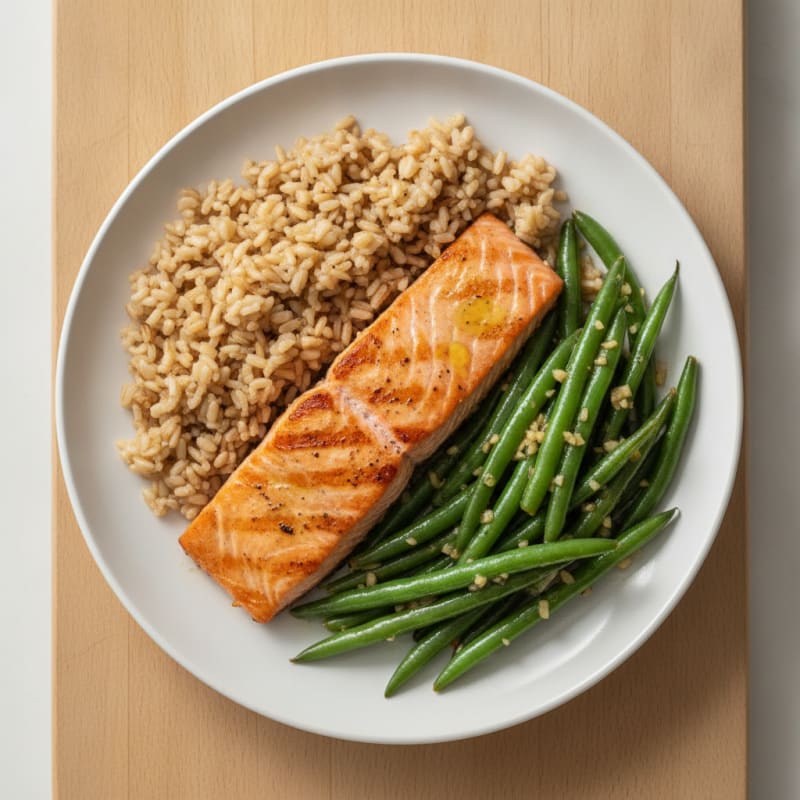 Seared Salmon with Garlic Green Beans and Brown Rice
