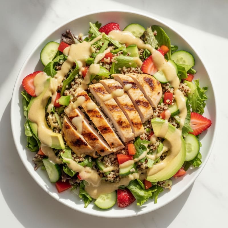 Grilled Chicken Salad with Crunchy Vegetables and Quinoa