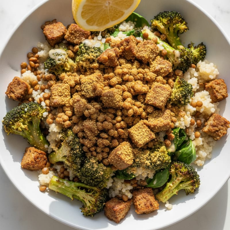 Crispy Lentil and Quinoa Power Bowl with Roasted Broccoli