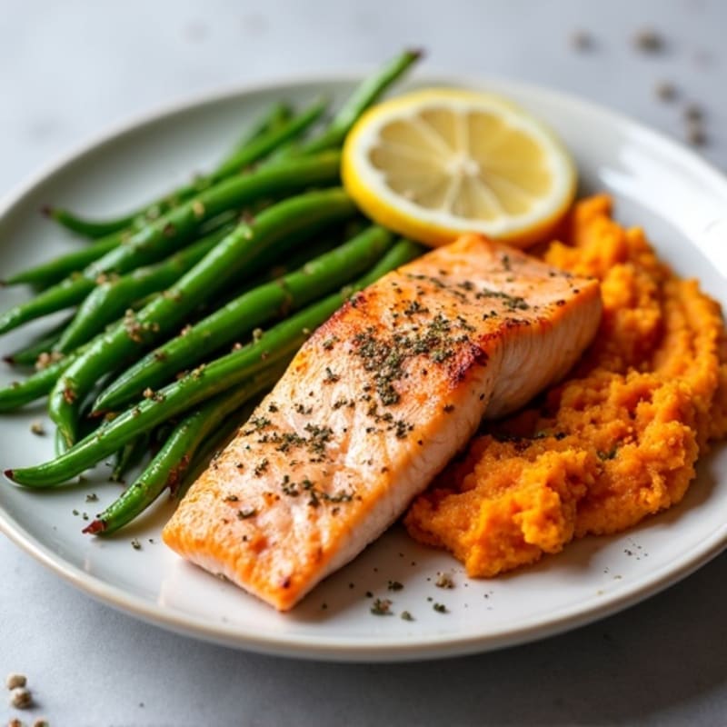 Seared Salmon with Lemon Green Beans and Sweet Potato Mash