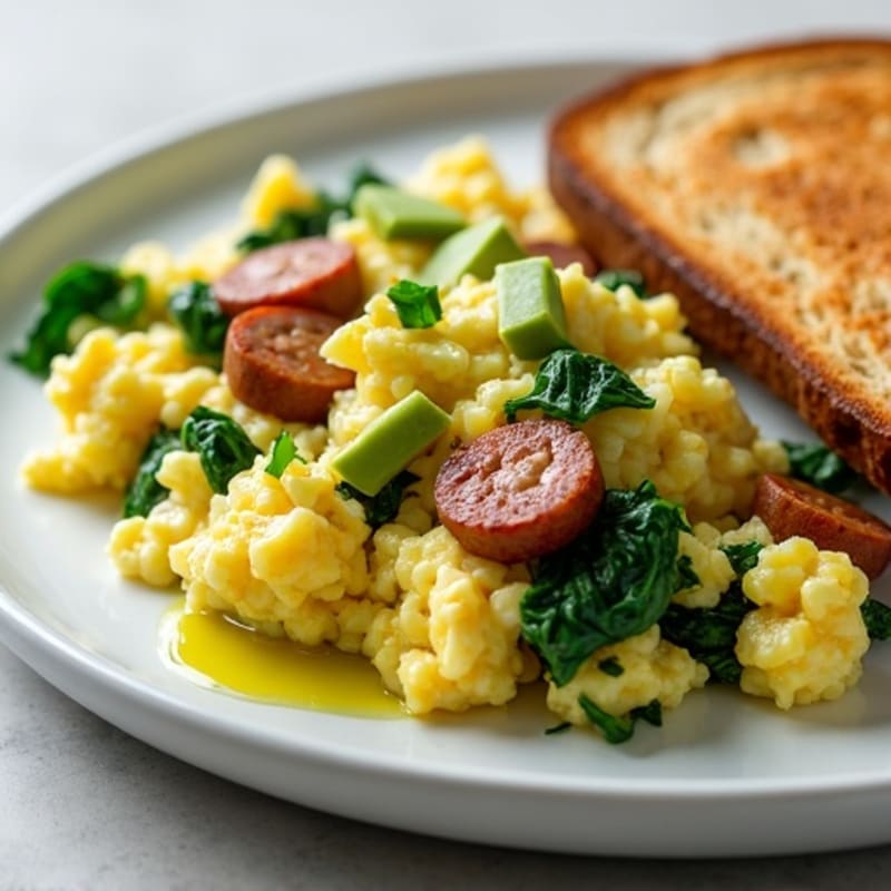 Egg White Scramble with Spinach and Turkey Sausage, with Toast and Avocado Drizzle