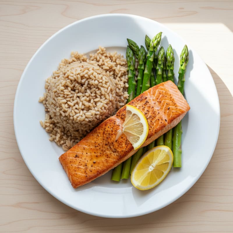 Seared Salmon Fillet with Steamed Asparagus and Brown Rice