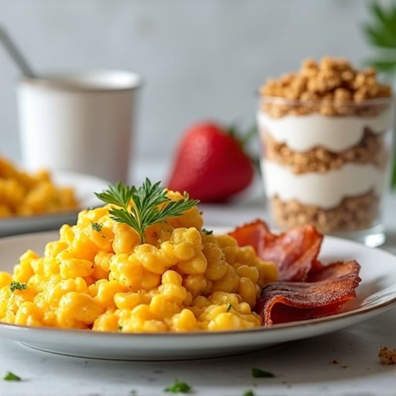 Scrambled Eggs with Crispy Bacon and Greek Yogurt Parfait with Granola